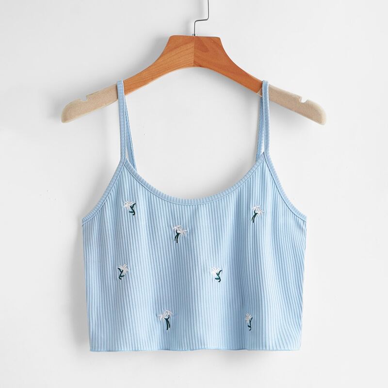 

Plants Embroidery Crop Cami Top, Baby blue
