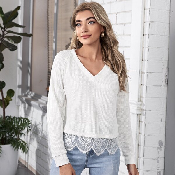 

Eyelash Lace Trim Waffle Knit Tee, White
