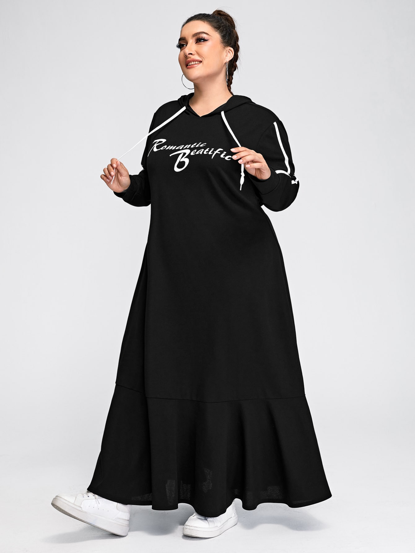 Plus Letter Graphic Drawstring Ruffle Hem Sweatshirt Dress thumbnail