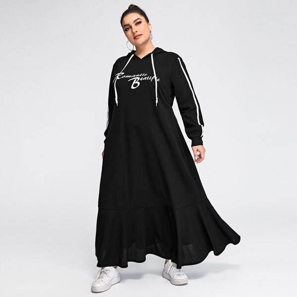 

Plus Letter Graphic Drawstring Ruffle Hem Sweatshirt Dress, Black
