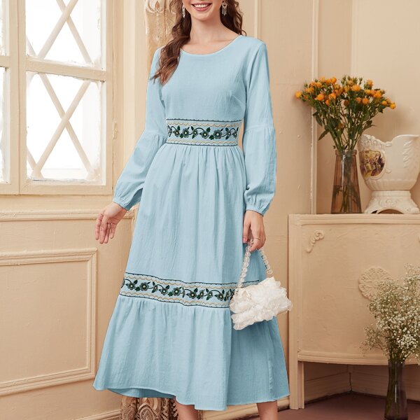 

Floral Embroidered Zipper Back A-line Dress, Baby blue
