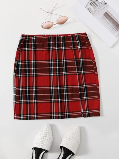 SHEIN Split Hem Tartan Skirt