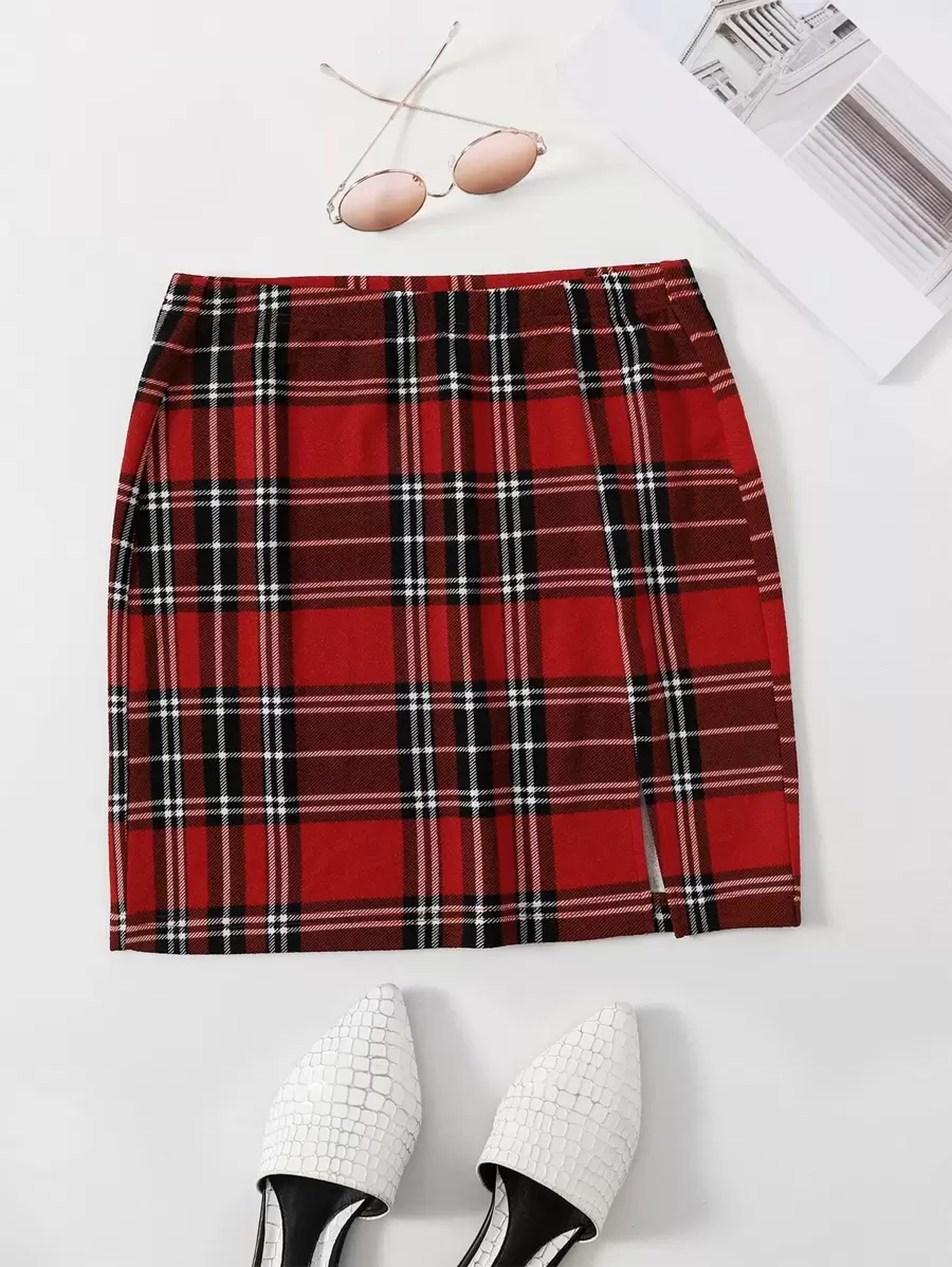 SHEIN X Sofía Suescun Split Hem Tartan Skirt - Multicolor - View 1