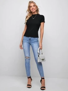 SHEIN Essnce Áo thun Xù nhỏ màu trơn Giải trí - màu đen - Xem 3