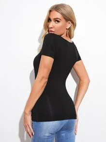 SHEIN Essnce Cap Sleeve Solid Tee - Black - View 2