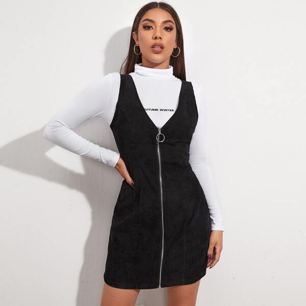 

O-ring Zipper Placket Cord Overall Dress, Black