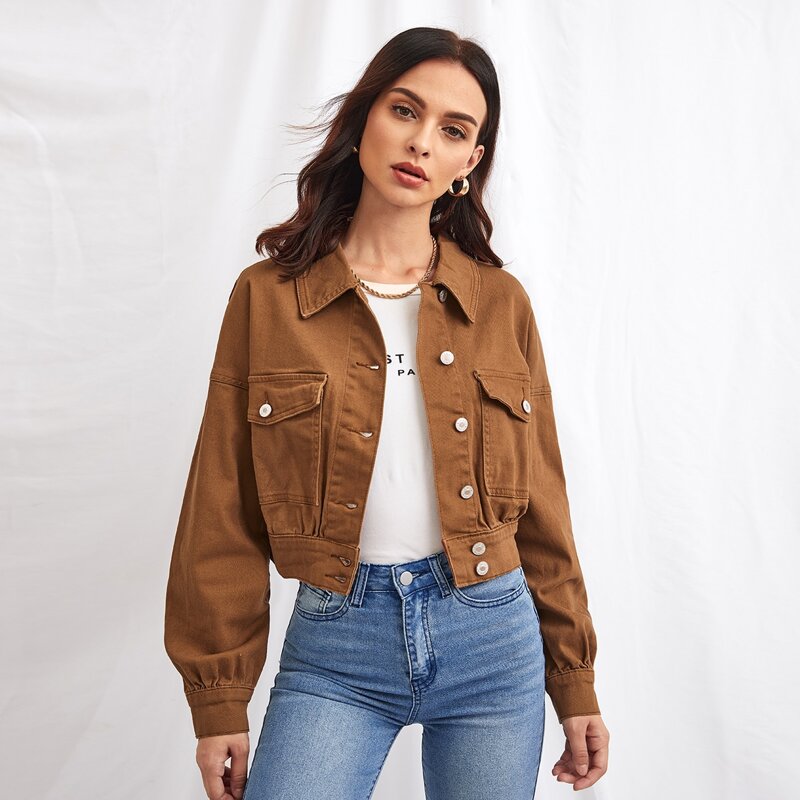 

Drop Shoulder Flap Pocket Button Placket Denim Jacket, Brown