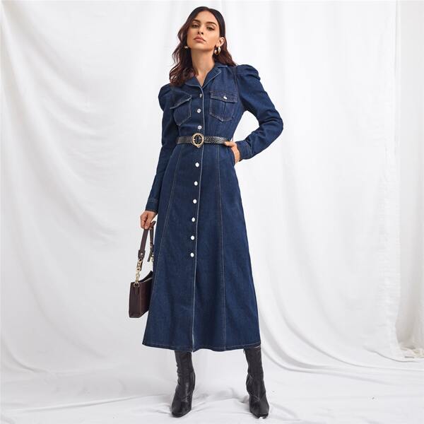 

Button Front Flap Pocket Gigot Sleeve Denim Dress Without Belt, Dark wash