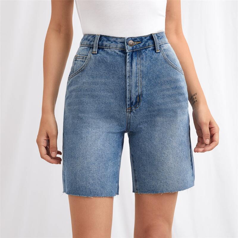 

High Waist Raw Hem Denim Shorts, Medium wash