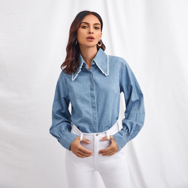 

Raw Edge Button Front Denim Top, Light wash