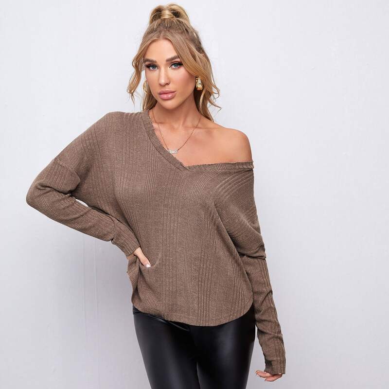 

V Neck Drop Shoulder Tee, Mocha brown