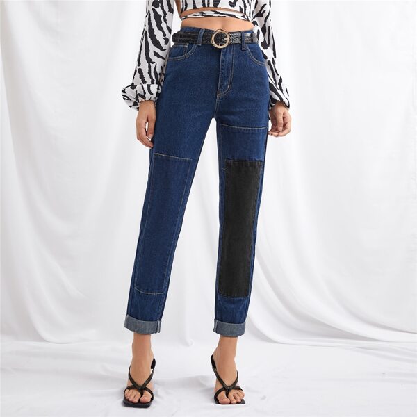 

High Waist Roll Hem Colorblock Jeans Without Belt, Medium wash