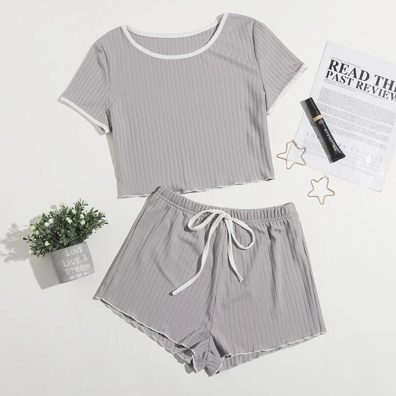

Contrast Binding Tee With Knot Front Shorts Lounge Set, Grey