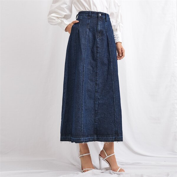 

Button Waist Slant Pocket Denim Skirt, Dark wash