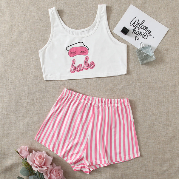 

Letter Graphic Tank Top & Striped Shorts Pajama Set, Multicolor