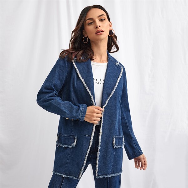 

Button Front Raw Edge Denim Jacket, Medium wash