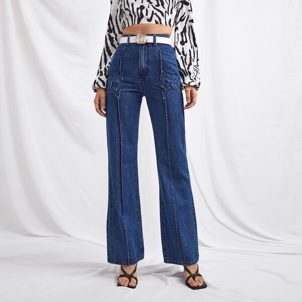 

High Waist Star Stitch Trim Jeans Without Belt, Dark wash