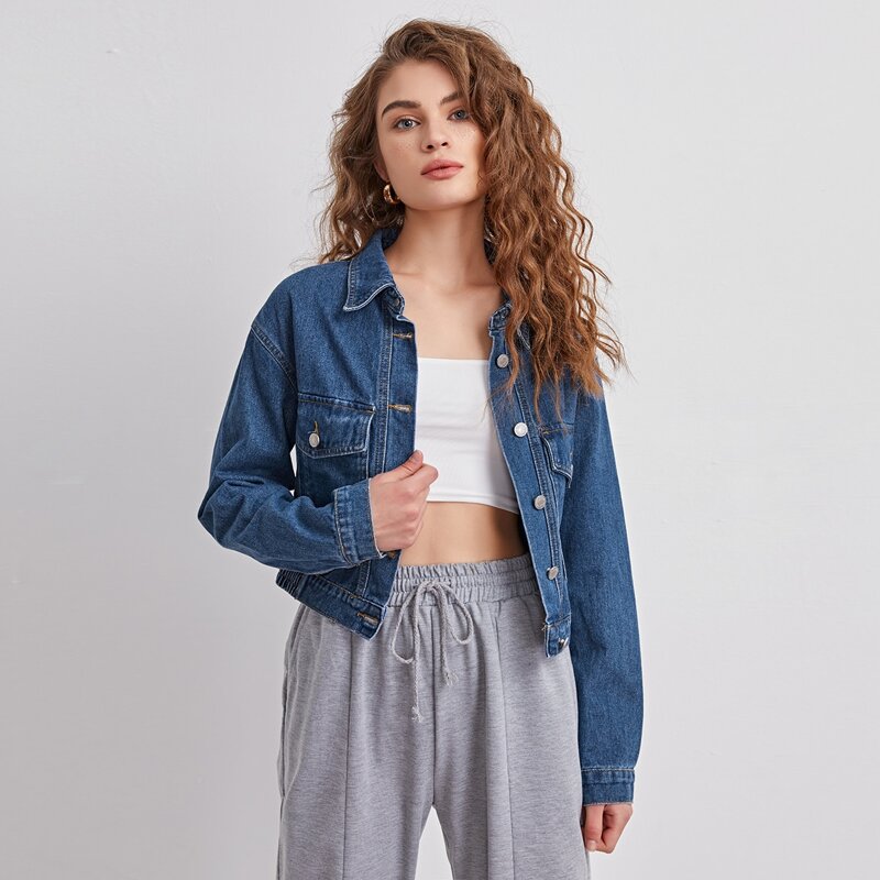 

Flap Pocket Front Drop Shoulder Denim Jacket, Medium wash