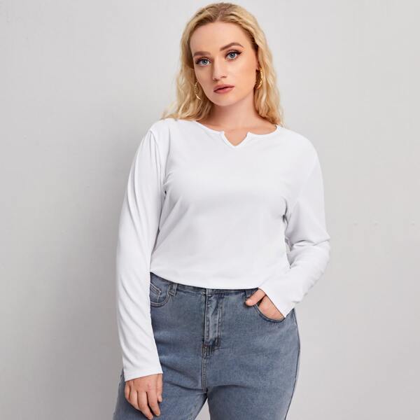 

Plus Notch Neck Rib-knit Solid Tee, White
