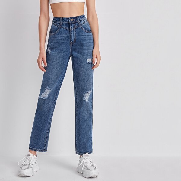 

High Waist Ripped Straight Jeans, Medium wash
