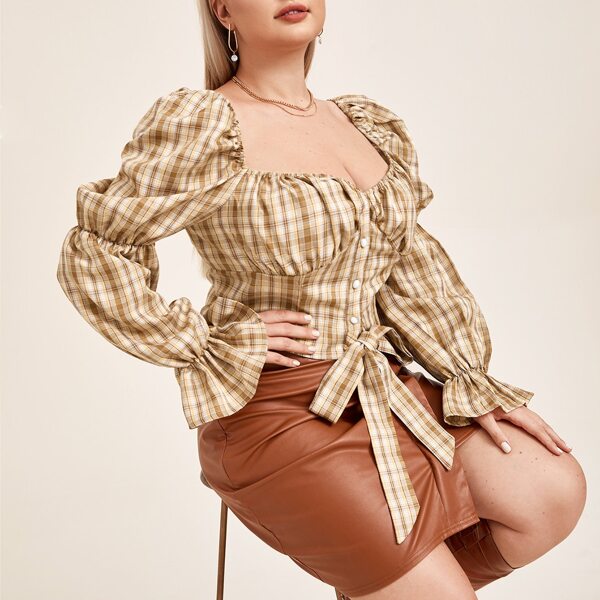 

Plus Flounce Sleeve Knot Front Bustier Plaid Top, Multicolor