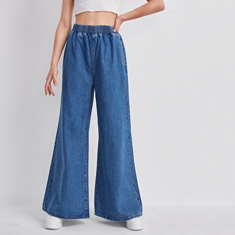 

Elastic Waist Wide Leg Jeans, Medium wash