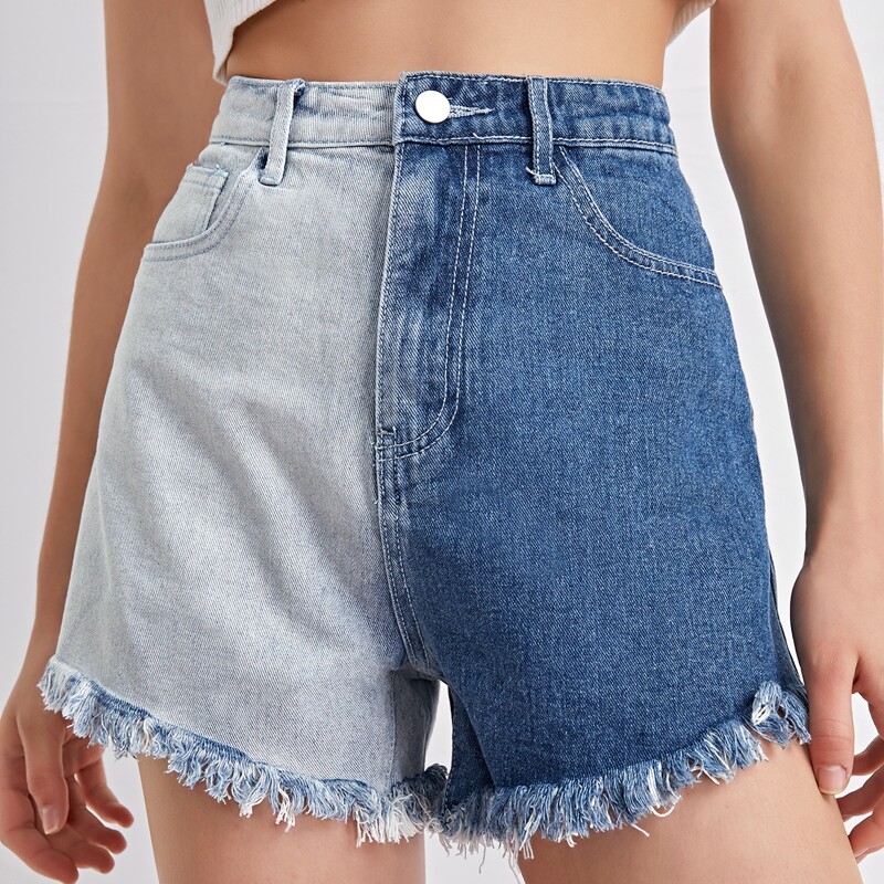 

High Waist Colorblock Raw Hem Denim Shorts, Multicolor