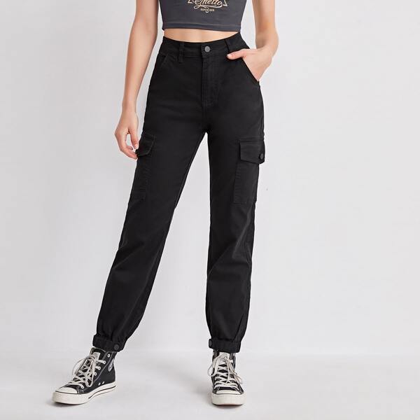 

High Waist Flap Pocket Jogger Jeans, Black