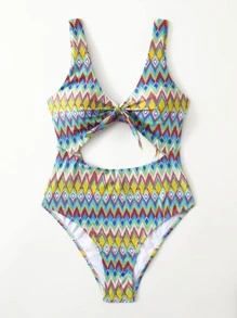 Geometric Knot Front One Piece Swimsuit Summer - Multicolor - View 1