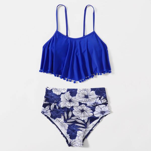 

Floral Ruched Pom-pom Hanky Hem Bikini Swimsuit, Blue