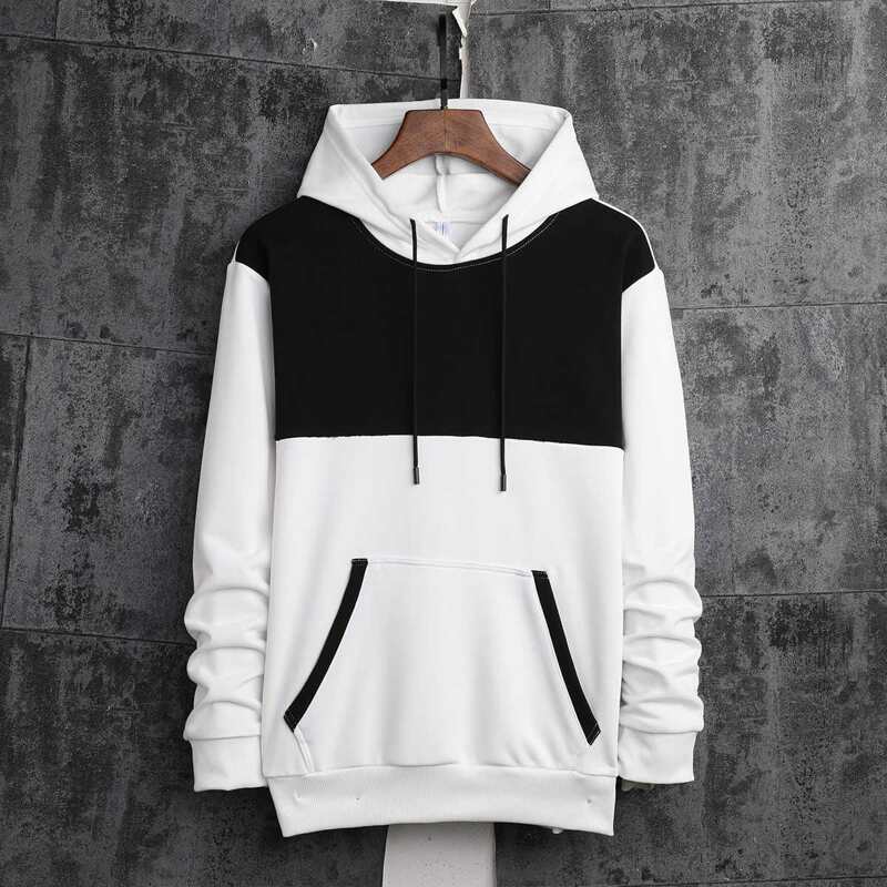 

Guys Contrast Panel Drawstring Hoodie, Black and white
