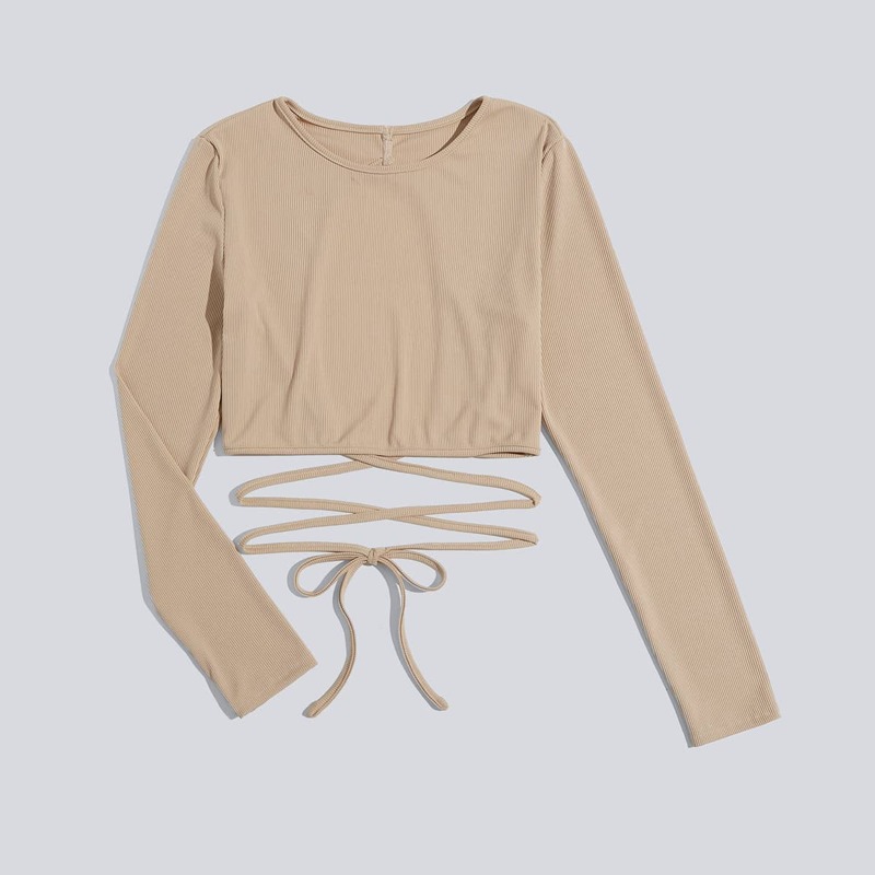 

Solid Tie Back Ribbed Tee, Khaki