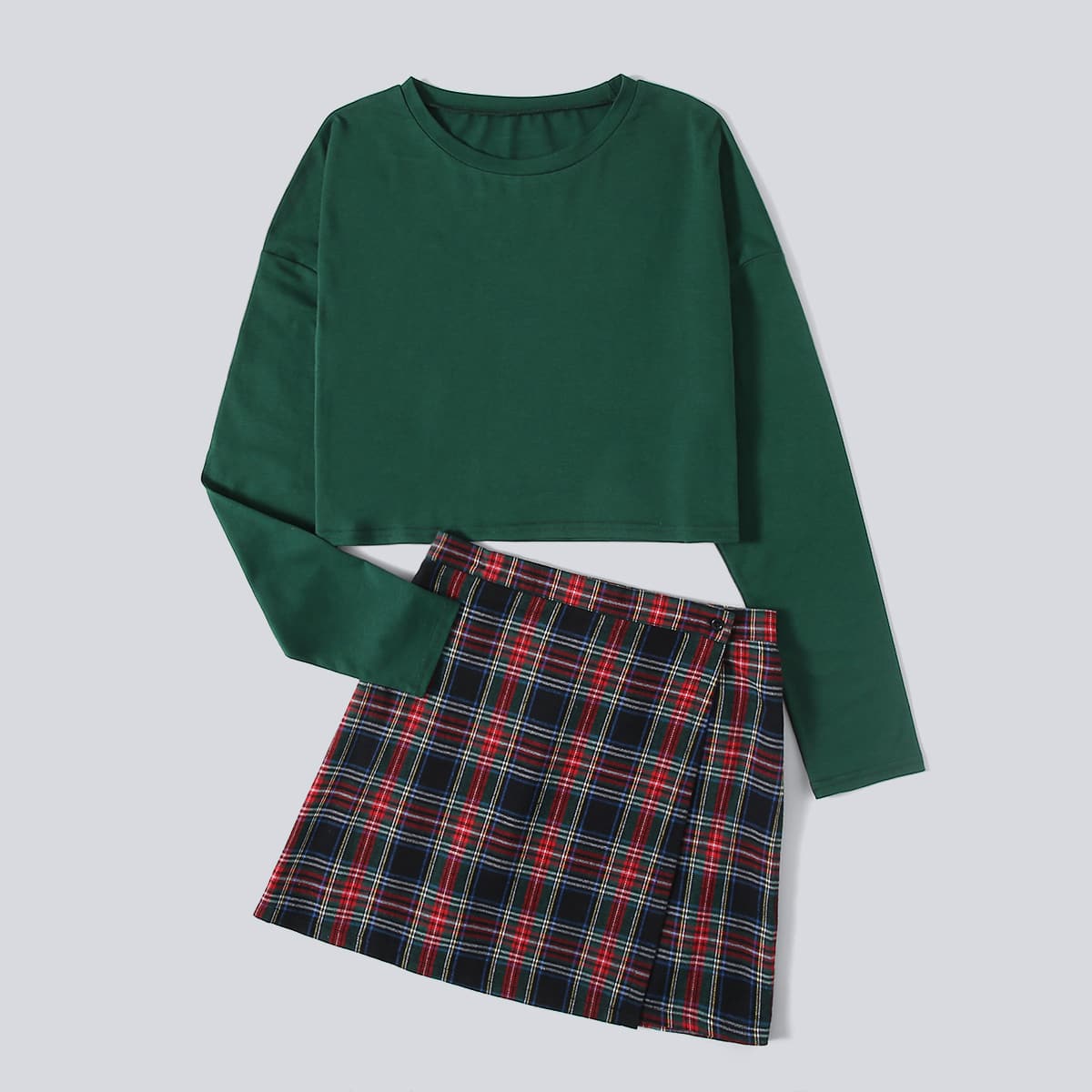 

Solid Tee & Tartan Skirt, Multicolor