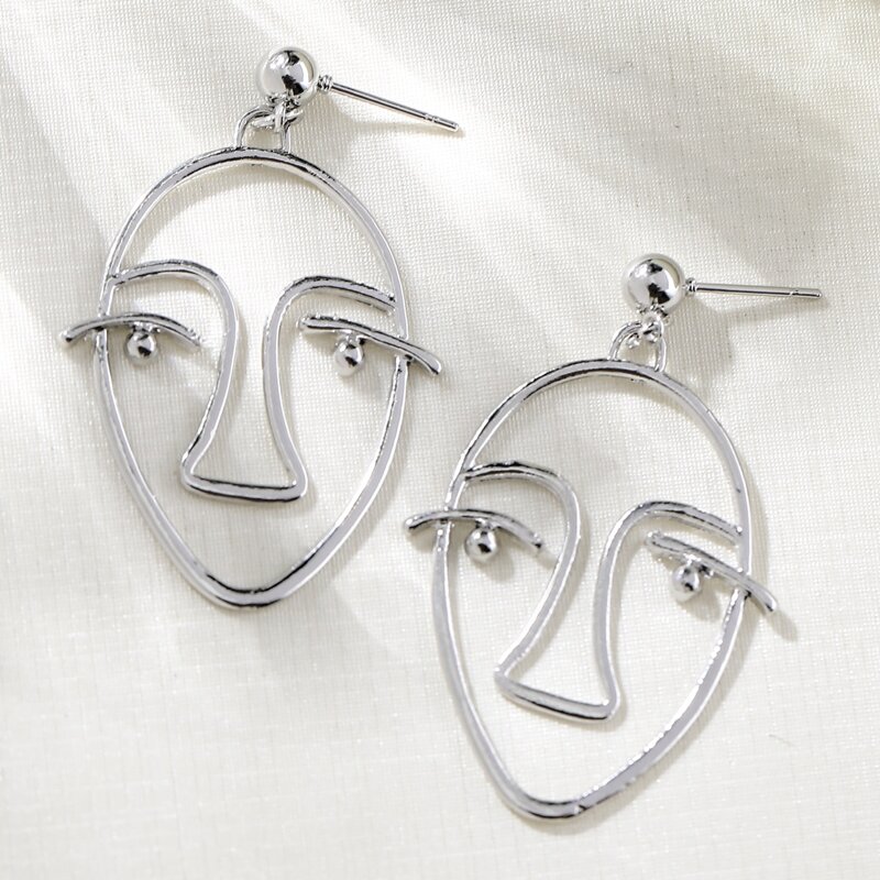 

Abstract Face Drop Earrings, Silver