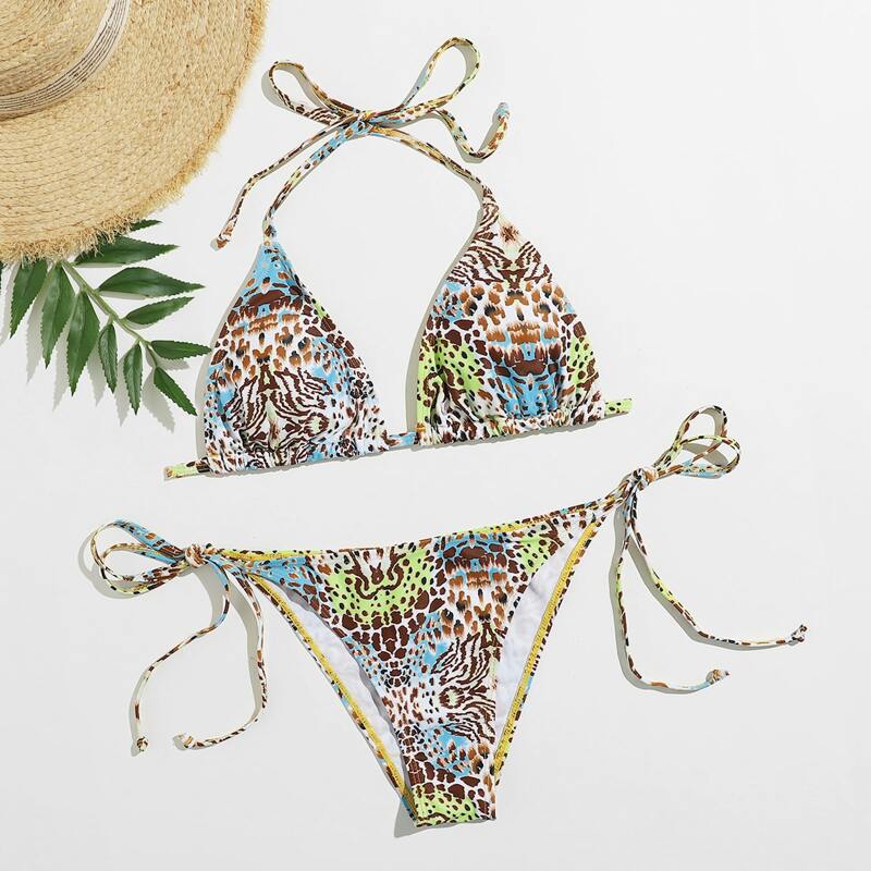 

Leopard Halter Tie Side Bikini Swimsuit, Multicolor
