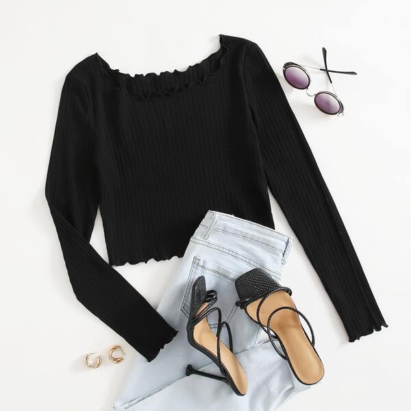 

Lettuce Trim Rib-knit Crop Tee, Black