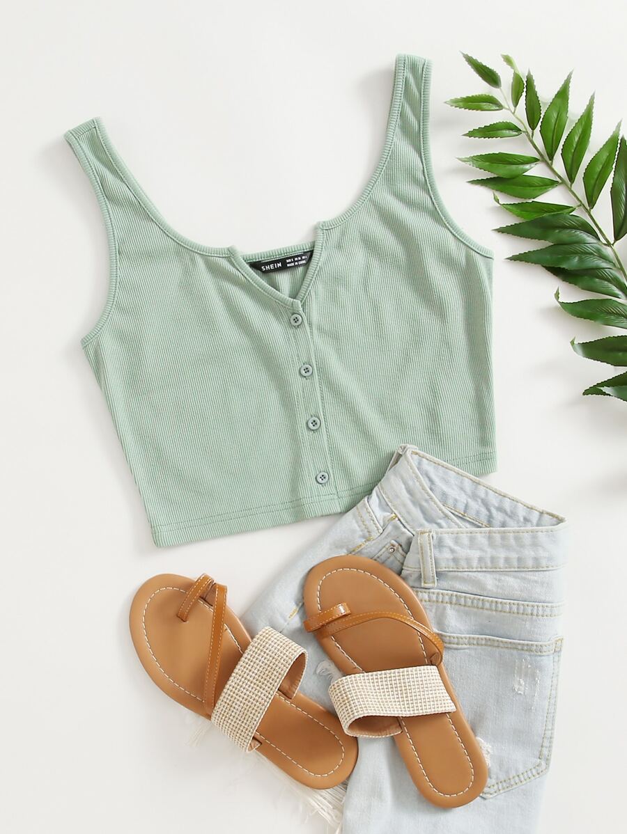 SHEIN EZwear Notch Neck Button Front Tank Top