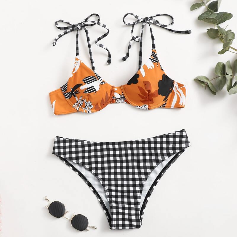 

Plants & Gingham Print Underwire Bikini Swimsuit, Multicolor