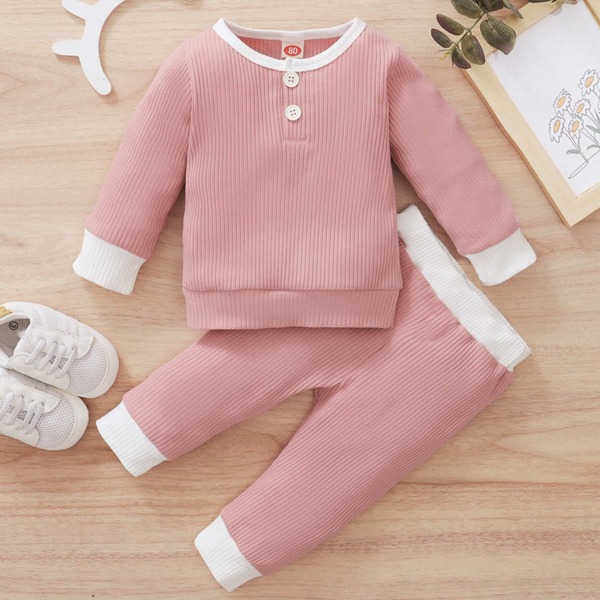 

Baby Girl Contrast Binding Sweatshirt With Sweatpants, Dusty pink