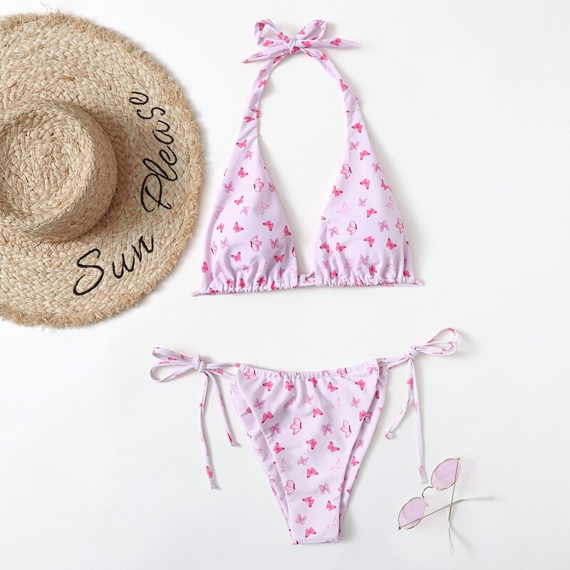 

Butterfly Print Tie Side Bikini Swimsuit, Pink
