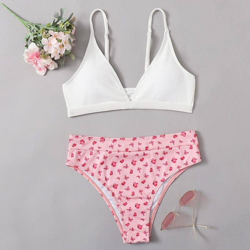 

Ribbed Butterfly Print Bikini Swimsuit, Multicolor