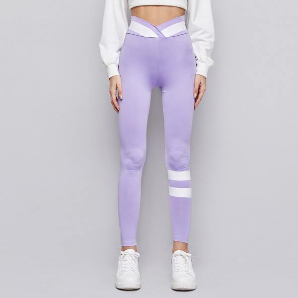 

Overlap Waist Striped Detail Leggings, Pastel lilac purple