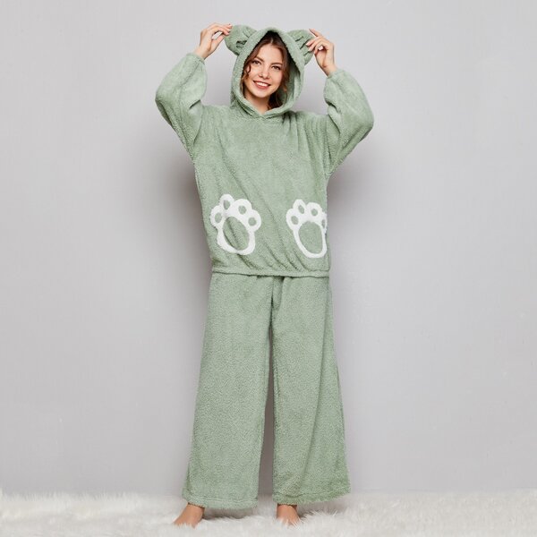 

Cartoon Teddy Pullover and Wide Leg Pants PJ Set With Bear Ear, Pastel mint green