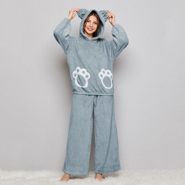 

Cartoon Teddy Pullover and Wide Leg Pants PJ Set With Bear Ear, Dusty blue