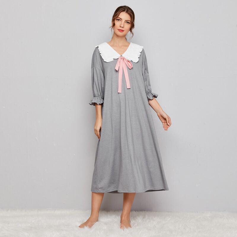 

Contrast Frill Trim Statement Collar Tie Front Nightdress, Grey