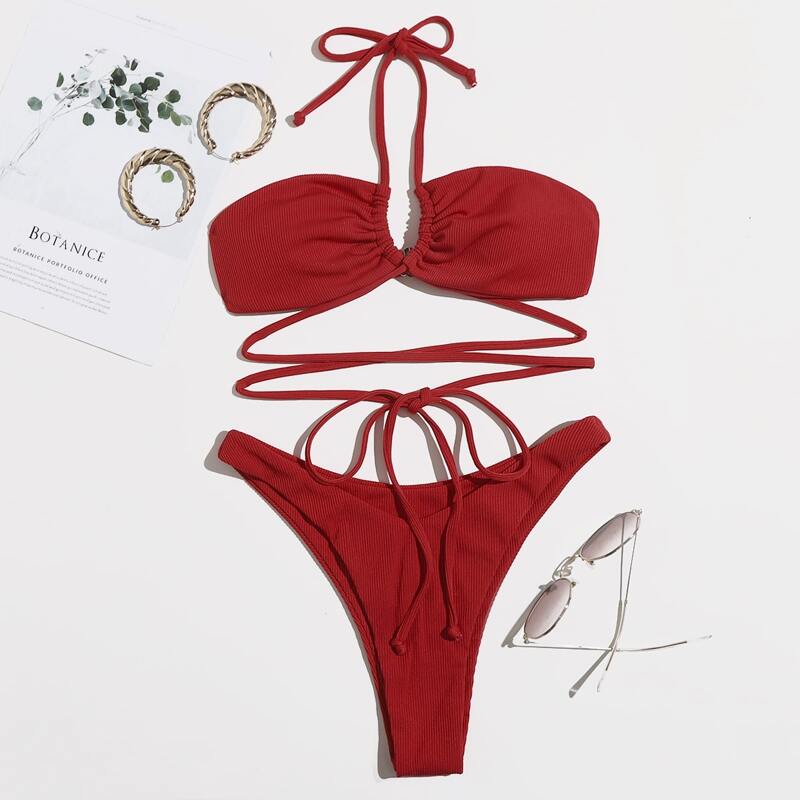 

Drawstring High Leg Bikini Swimsuit, Burgundy
