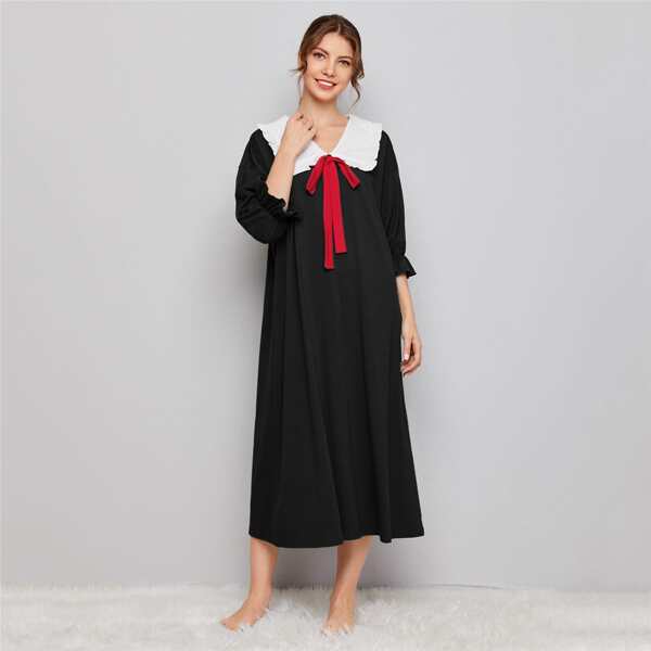 

Contrast Frill Trim Statement Collar Tie Front Nightdress, Black