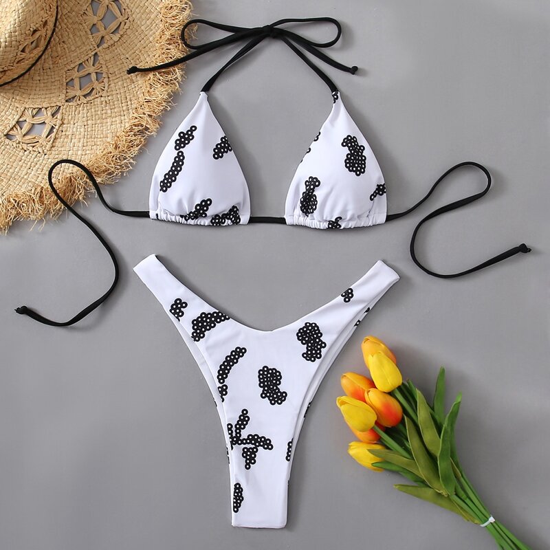 

Graphic Triangle High Leg Bikini Swimsuit, Black and white