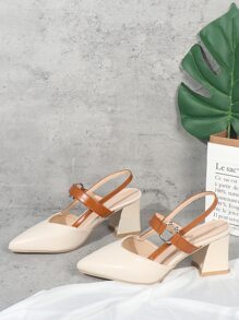 尖頭中高跟粗露跟高跟鞋 - 米色 - 查看 3