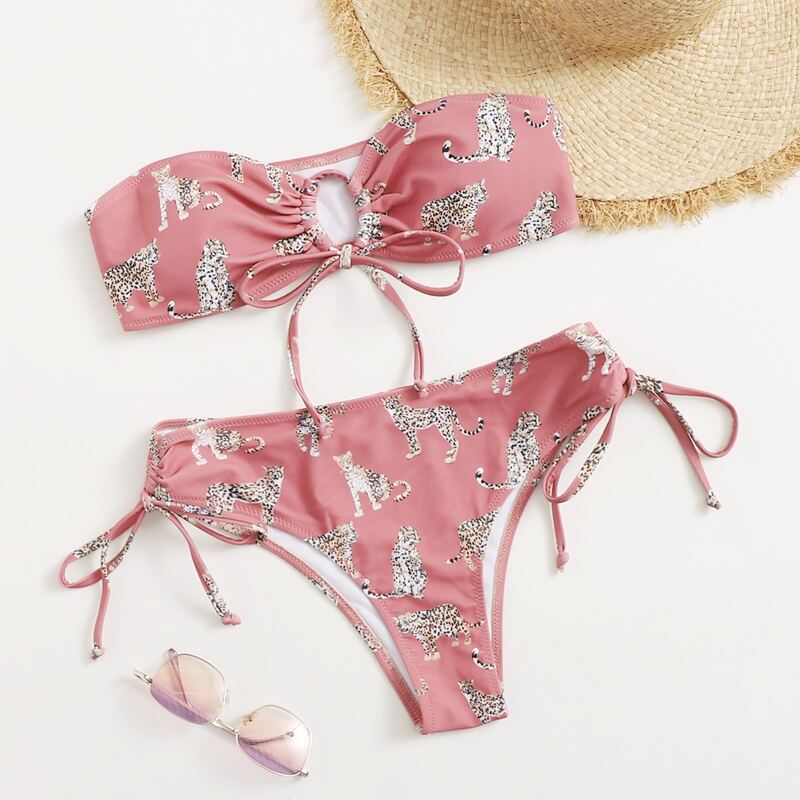 

Leopard Print Drawstring Bikini Swimsuit, Multicolor